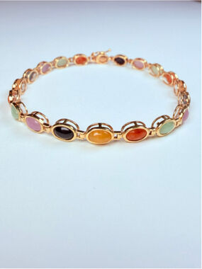10K Solid Yellow Gold Heng Ngai Pastel Multi Color Jade Cabochon Tennis Bracelet